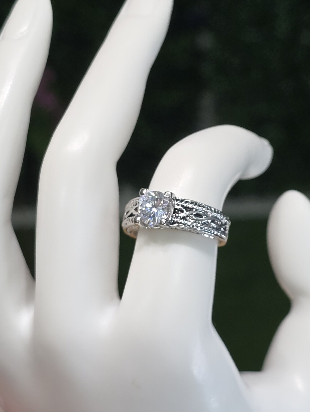 Silver Filigree Solitaire Ring with Clear Stone - Women Jewelry
